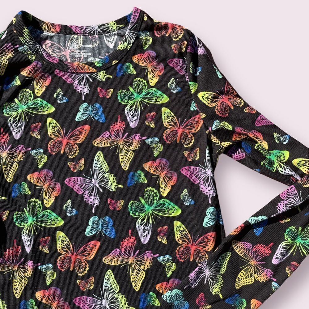 No Boundaries Y2K Rainbow Butterfly Black Long Sleeve Shirt Size Childre…